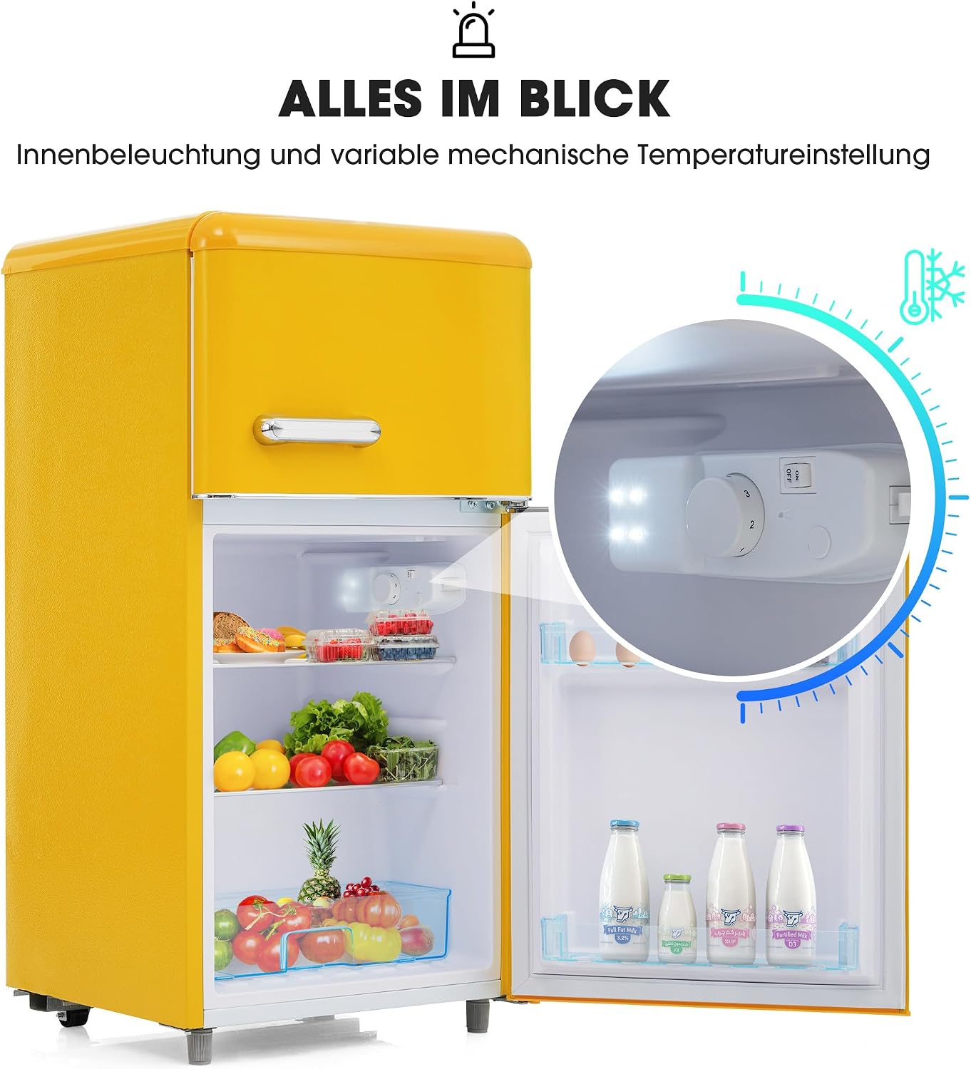 Réfrigérateur-congélateur Style rétro, Deux Portes, capacité Totale de 72 litres, Compartiment congélateur de 21 litres, consommation énergétique de 120 kWh/an, éclairage LED Yellow
