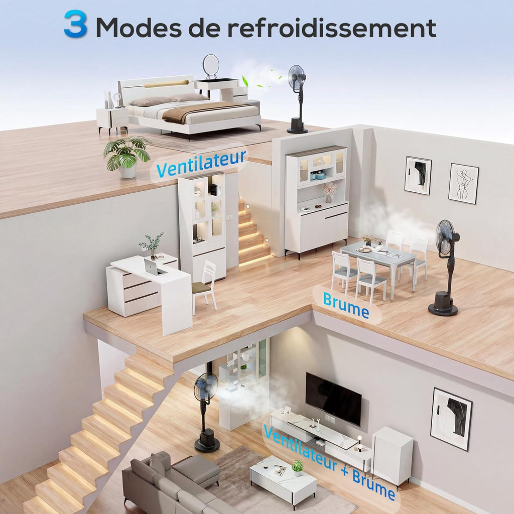 HOMCOM Ventilateur brumisateur silencieux 90 W, ventilateur sur pied 128 cm, oscillation 70°, 3 vitesses, 3 modes, réservoir d'eau 3,5 L, télécommande, minuterie 8 h, pour maison, bureau, noir