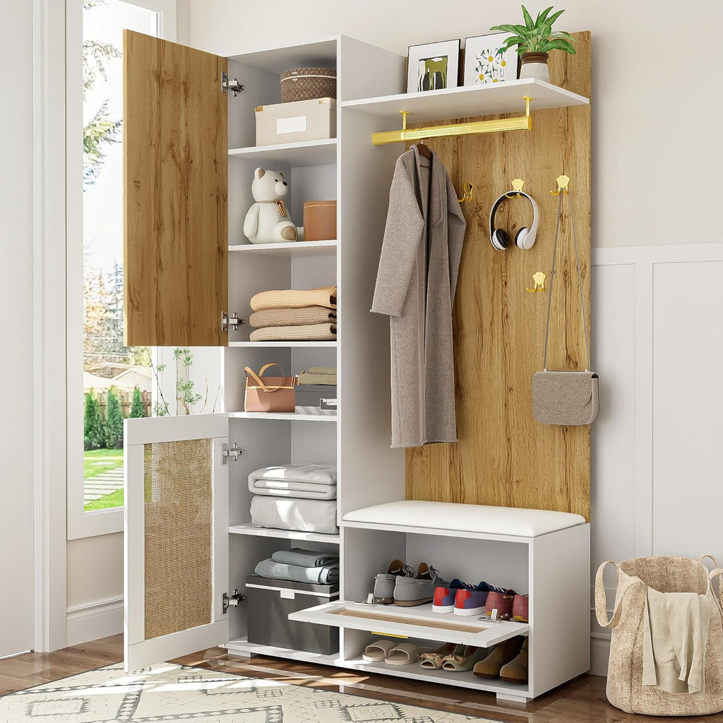 Meuble armoire pratique avec miroir pleine longueur,rangement chaussures avec assise basse,crochets suspendus en métal doré,étagères latérales ouvertes,vertical pour entrée claire Bois+Blanc