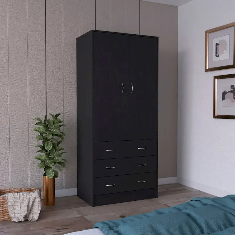 19  Modern Double-door Armoire with 3 Drawers and 1 Hanging Rod for Bedroom