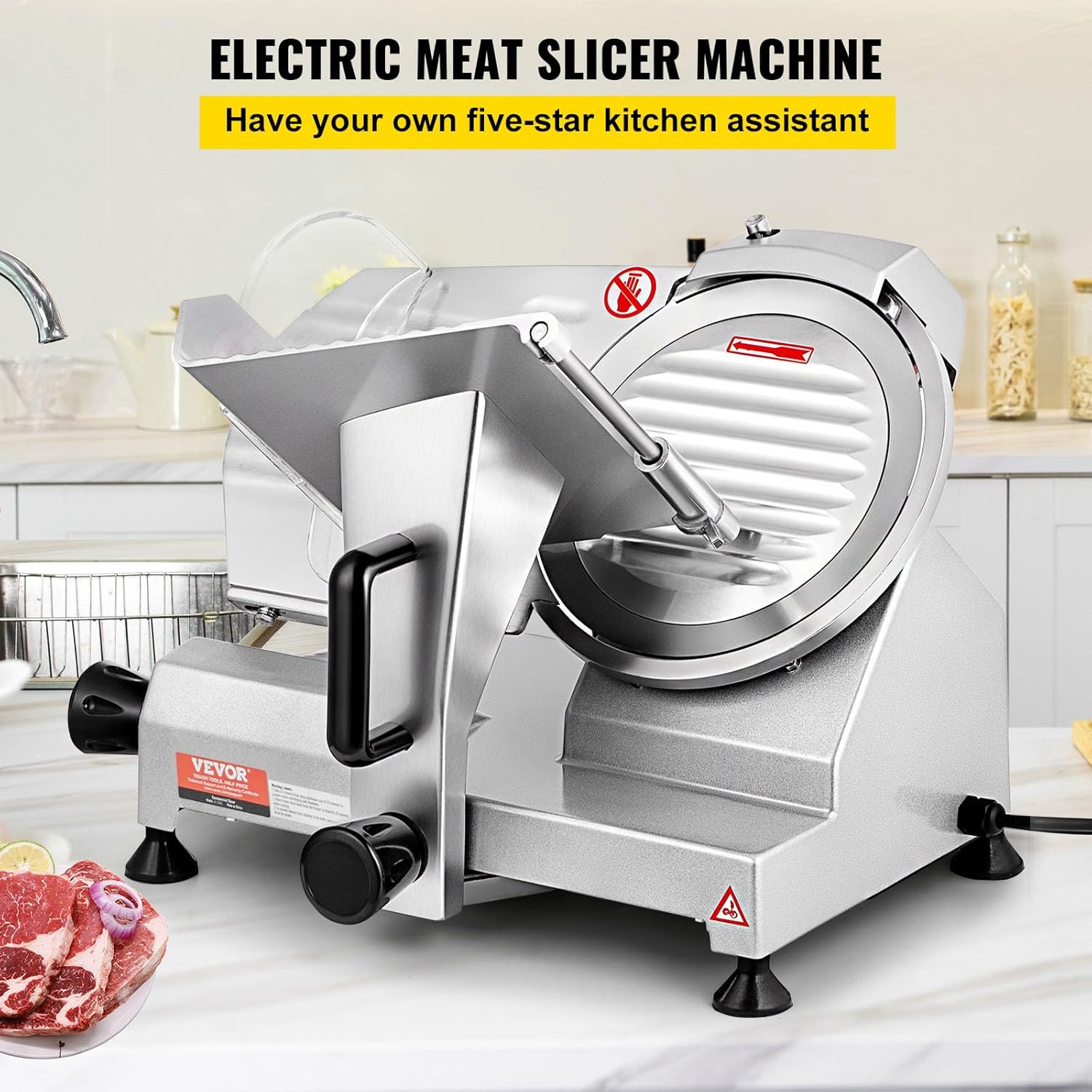 VEVOR Trancheuse Électrique Commerciale 200 W Trancheuse à Jambon Lame 203 mm 350-400 tr/min Trancheuse Charcuterie en Acier Inoxydable et Alu pour Couper en Tranches Viande Fromage Légumes Fruits