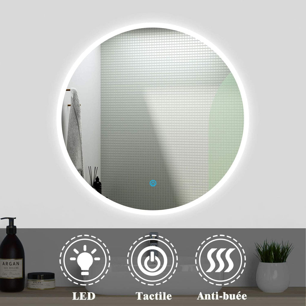 AICA Ensemble Meubles Salle de Bain 80cm Vasque + Colonne + Miroir Rond Lumineux Chêne Wotan