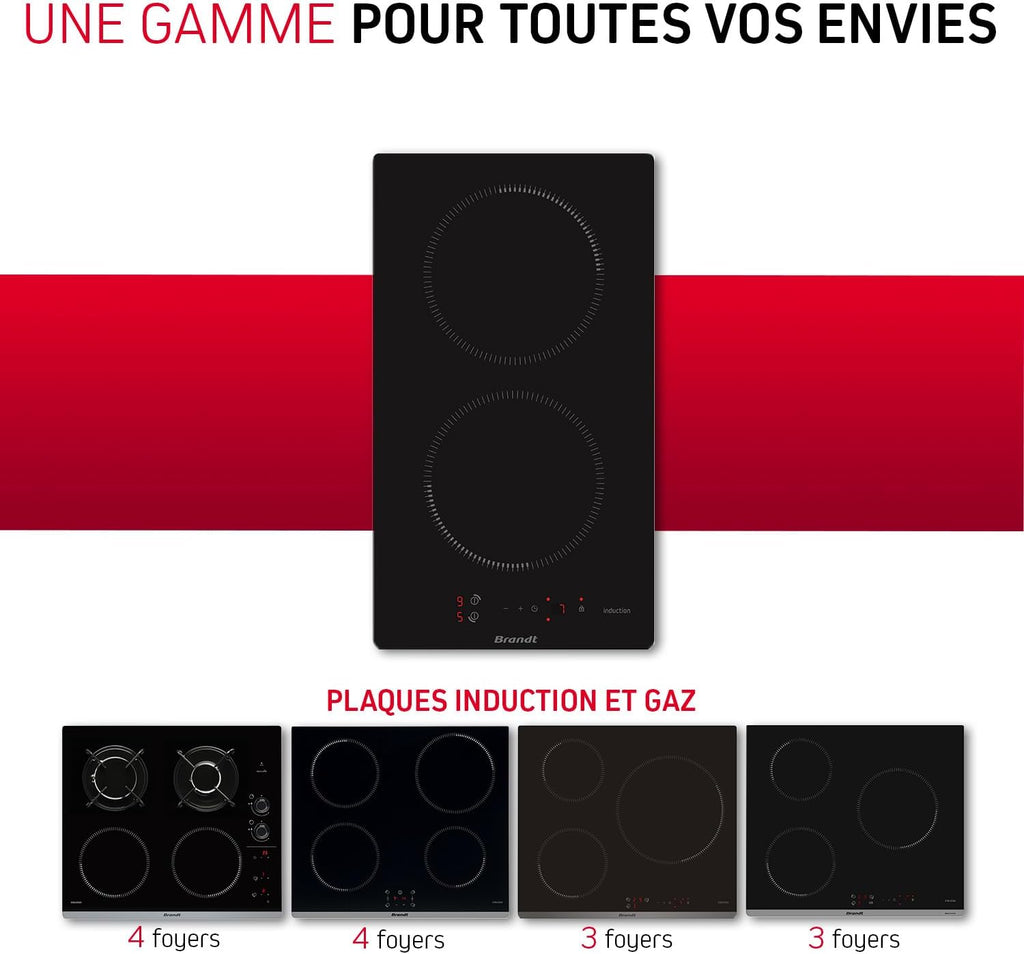 Brandt - BPI6210B - Plaque Induction - Table de Cuisson Encastrable - Noir - 2 Foyers - 3600W - Dimensions Encastrement : 27x49cm - Minuterie Automatique - Fabriqué en France