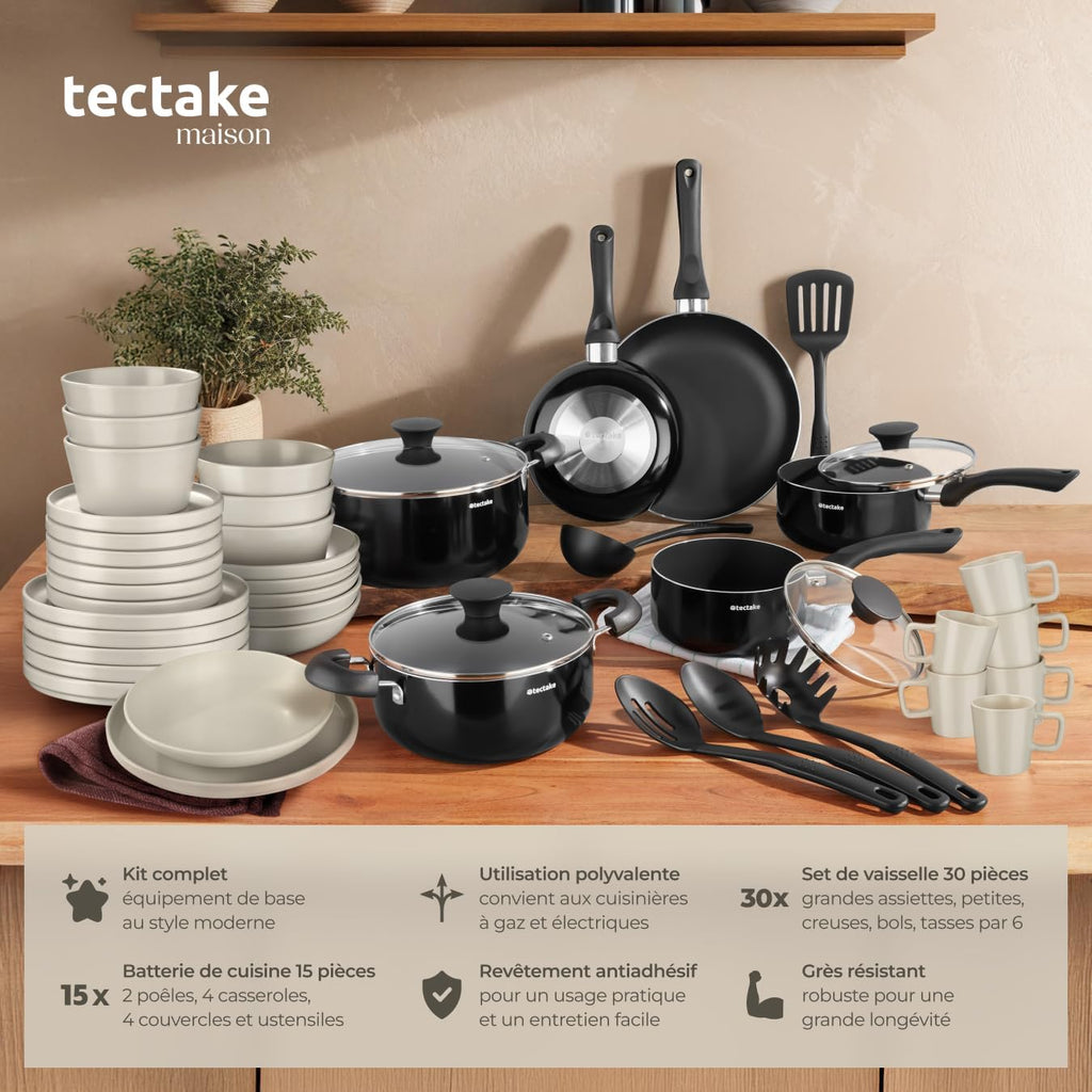 tectake® Set de cuisine 45 pièces, Service de table 6 personnes et Batterie de cuisine, Poêles, Casseroles, Assiettes plates, Assiettes creuses, Bols, Tasses, Louche, Spatule, Vaisselle en grès