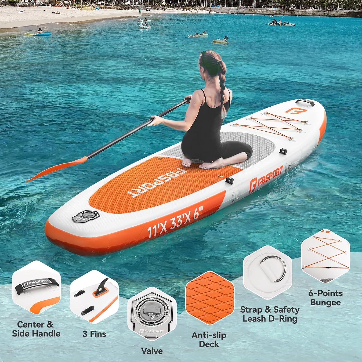 FBSPORT Paddle Gonflable Adulte 335 cm, Planches de Stand Up Paddle, 160kg de Capacité de Charge avec Pont Anti-dérapant, Set Complet avec Pagaie, Pompe, Sup Board pour Yoga, Surf en Voyage