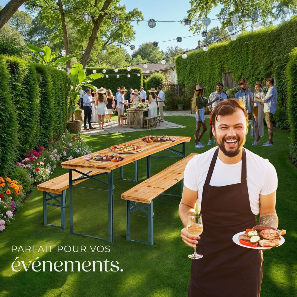 tectake® Ensemble de Table extérieure et Banc en Bois de Brasserie 3 pcs. Salon de Jardin Pliable & Peu encombrant, avec Support Parasol, Mobilier Solide pour Pique Nique Réceptions Barbecue Mariage
