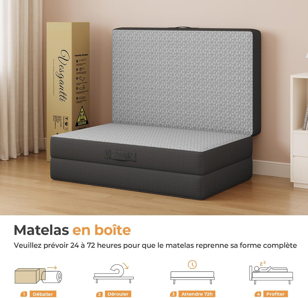 Vesgantti Matelas Pliable 120x190x15 cm avec Sac de Transport, Matelas d’Appoint Adulte en Mousse à Mémoire de Forme Gel, Lit Pliant pour Camping, Voyage, Voiture et Invités, Gris