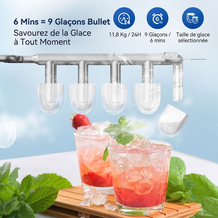 Machine à glaçons verte 12kg/24h, réservoir 1.4L, 9 glaçons en 6min, silencieuse, autonettoyante, 2 tailles de glaçons, avec poignée