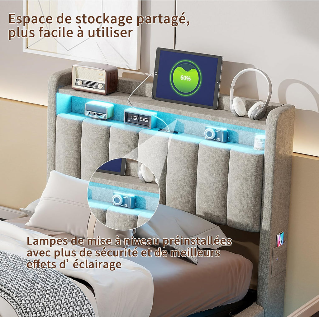 Lit Coffre 90x200 cm avec LED et Ports USB,Tête de Lits avec Rangement,Lit Double avec Sommier à Lattes, Facile à Assembler,pour Adultes et Adolescents,Velours (Gris, 90x200 cm)