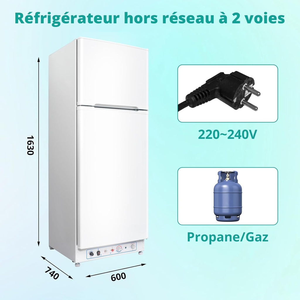 SMETA Frigo Gaz avec Congélateur, 265L, Réfrigérateur Congélateur Combiné Gaz/220V, Frigo Camping Gaz pour Camping-car, Garage, Caravane, Mobile-home, Blanc