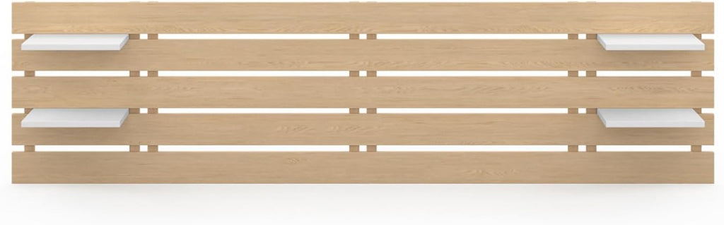 IDMarket - Tête de lit Suspendue 5 Larges Lattes Nina 240 cm Bois Clair et étagères Blanches