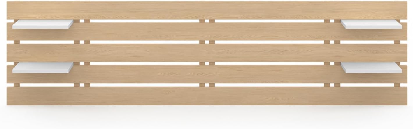 IDMarket - Tête de lit Suspendue 5 Larges Lattes Nina 240 cm Bois Clair et étagères Blanches