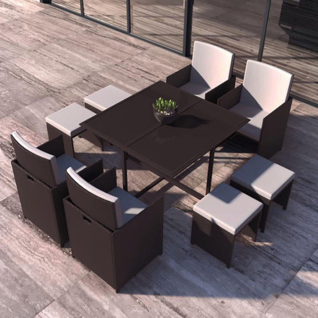 CONCEPT USINE - Salon De Jardin Florida 8 Personnes en Résine Tressée Marron - 1 Table en Verre - 4 Fauteuils - 4 Poufs - Coussins Blanc - Encastrable, Résistant, Imperméable