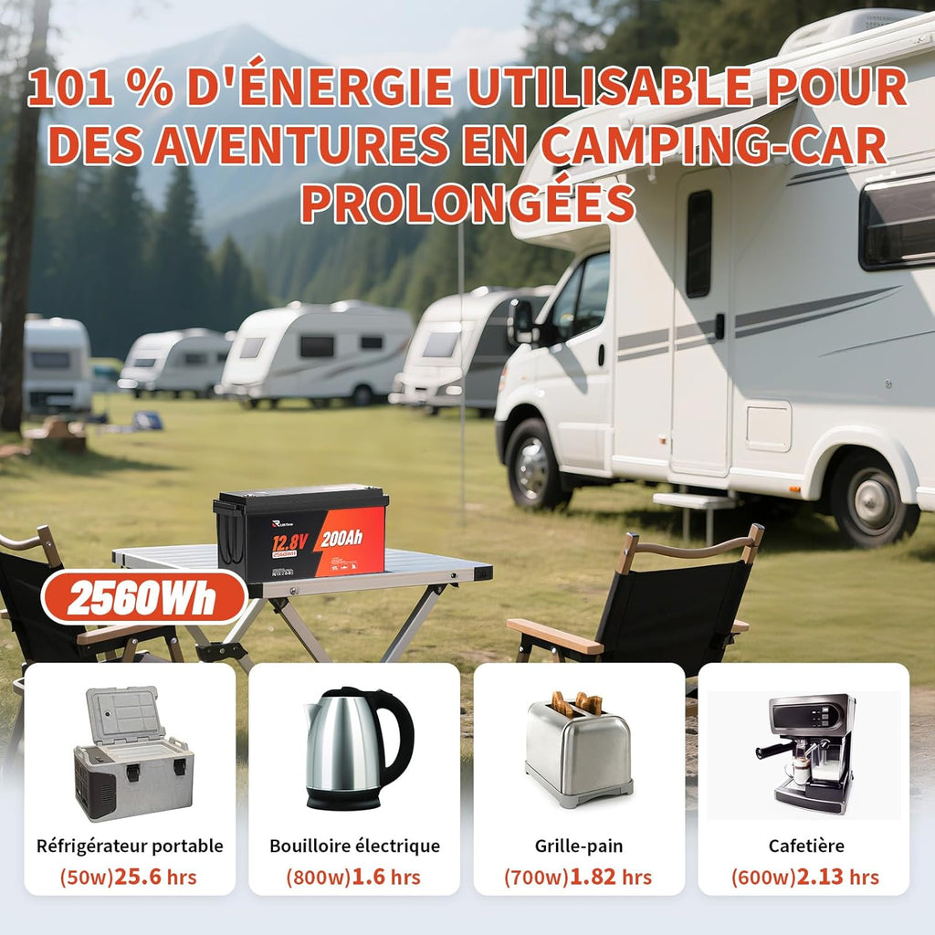 Batterie LiFePO4 12V 200Ah, Batterie Lithium avec 98% Efficacité, BMS 200A, IP65, 4500-16000 Cycles, Autodécharge 3% pour Systèmes Solaires, Applications Marines et Hors-Réseau
