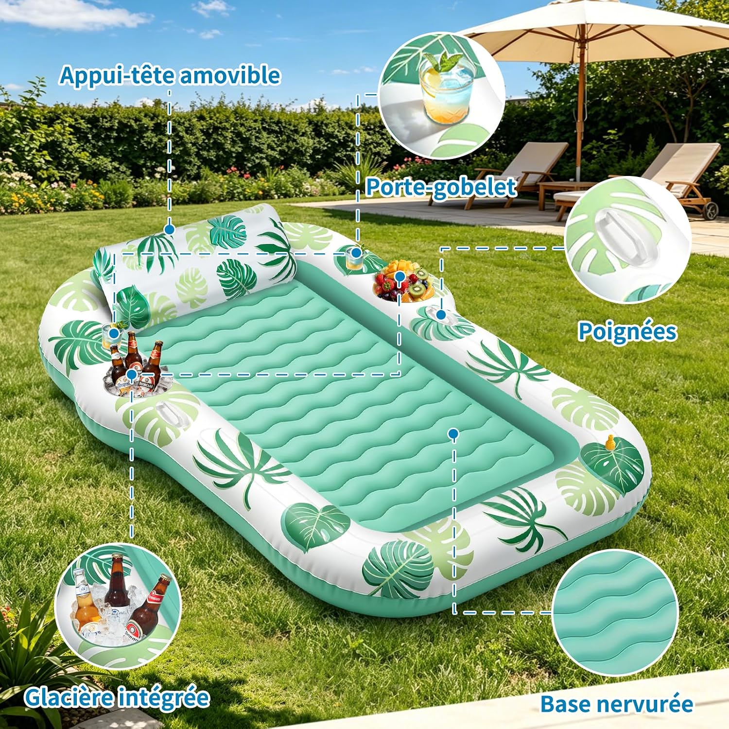JONRRYIN Matelas Gonflable Piscine 2 Personnes, Tanning Pool avec Fonction Brumisation & Porte-Gobelets, 225×190 cm Grande Île Flottante, Hamac Gonflable pour Piscine et Plage (Vert)