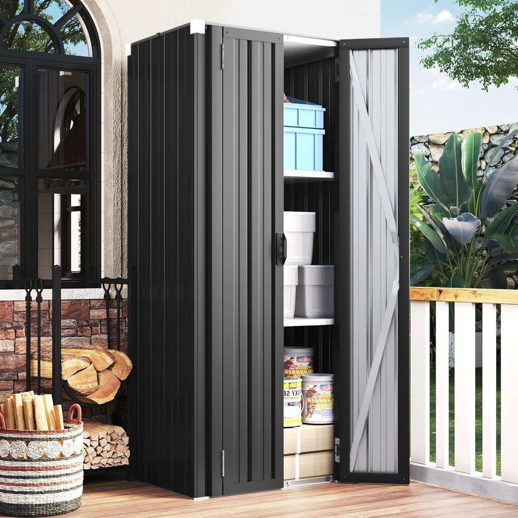 YODOLLA Abri de Jardin Métal, Armoire de Rangement Extérieure à 3 Niveaux, Étagères Réglables & Portes Verrouillables pour Jardin, Garage, Stockage d'Outils, 76 x 55 x 178 CM, Gris foncé