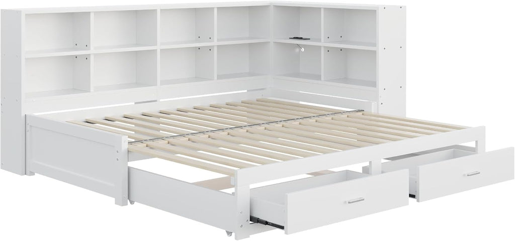 Lit Gigogne 90x190 cm + 180x190 cm - Lit en Bois avec Rangement et Prise Intégrée, Structure Pin et MDF, Matelas Non Inclus - Blanc