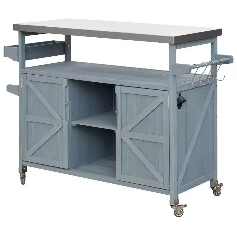 Okak Outdoor Kitchen Island with Stainless Steel Top, Wooden Kitchen Cart with Doors, Shelves and Spice Rack, Rolling Kitchen Island