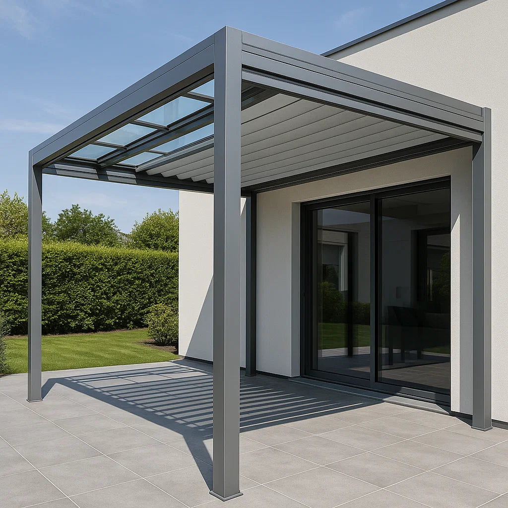 Pergola retractil Structure Aluminium Gris Matériau Aluminium Utilisation : Terrasse Jardin Dimensions : 350cmx300cmx260cm