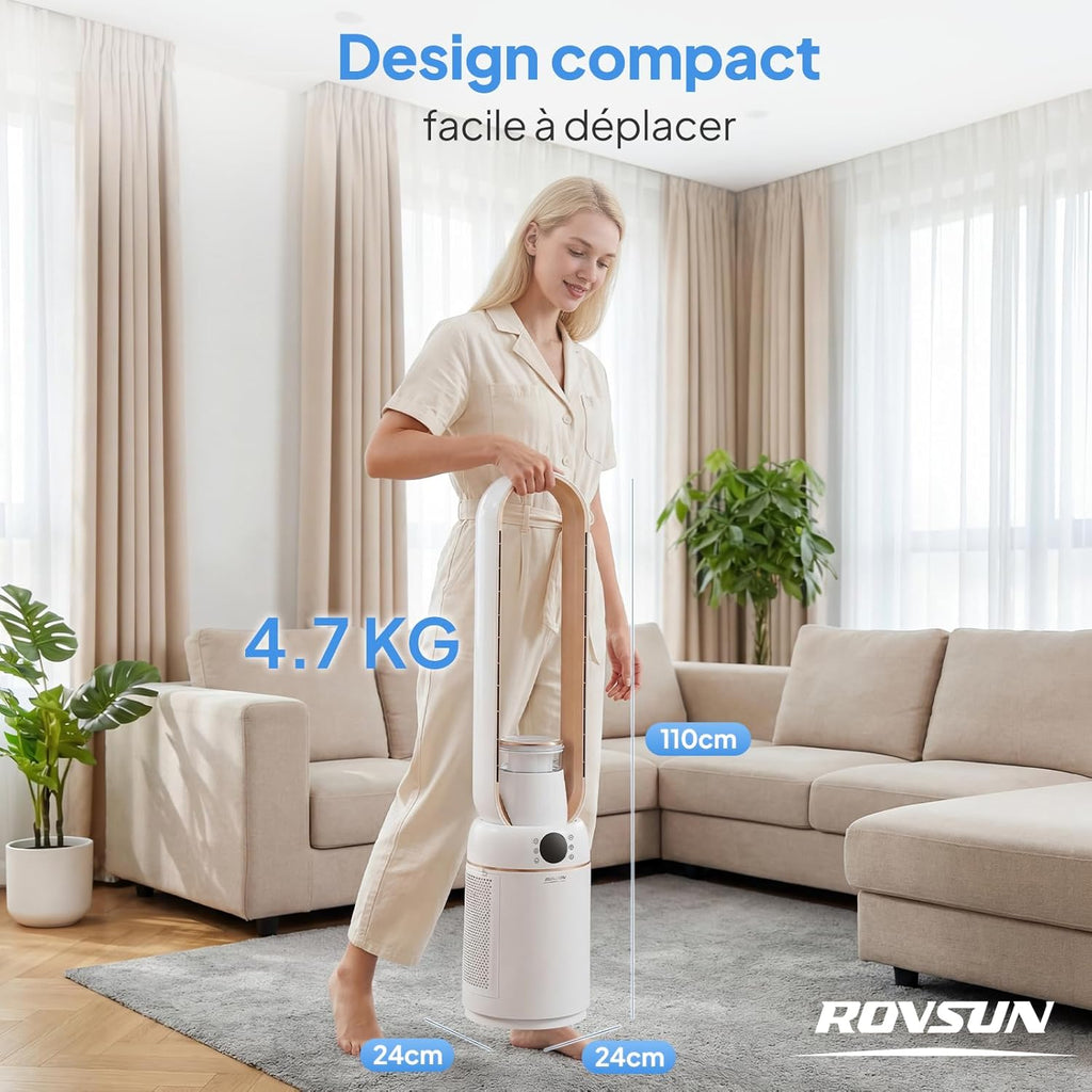 ROVSUN Ventilateur Colonne Purificateur d'Air, Ventilateur Sans Pales 110 cm, Humidification, Ions Négatifs, Stérilisation UV, 32 Vitesses, 4 Modes, 15H Minuteur, Oscillation 80°, Tactile+Télécommande