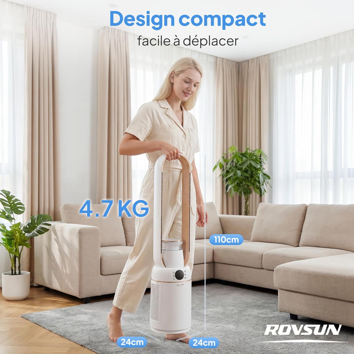 ROVSUN Ventilateur Colonne Purificateur d'Air, Ventilateur Sans Pales 110 cm, Humidification, Ions Négatifs, Stérilisation UV, 32 Vitesses, 4 Modes, 15H Minuteur, Oscillation 80°, Tactile+Télécommande