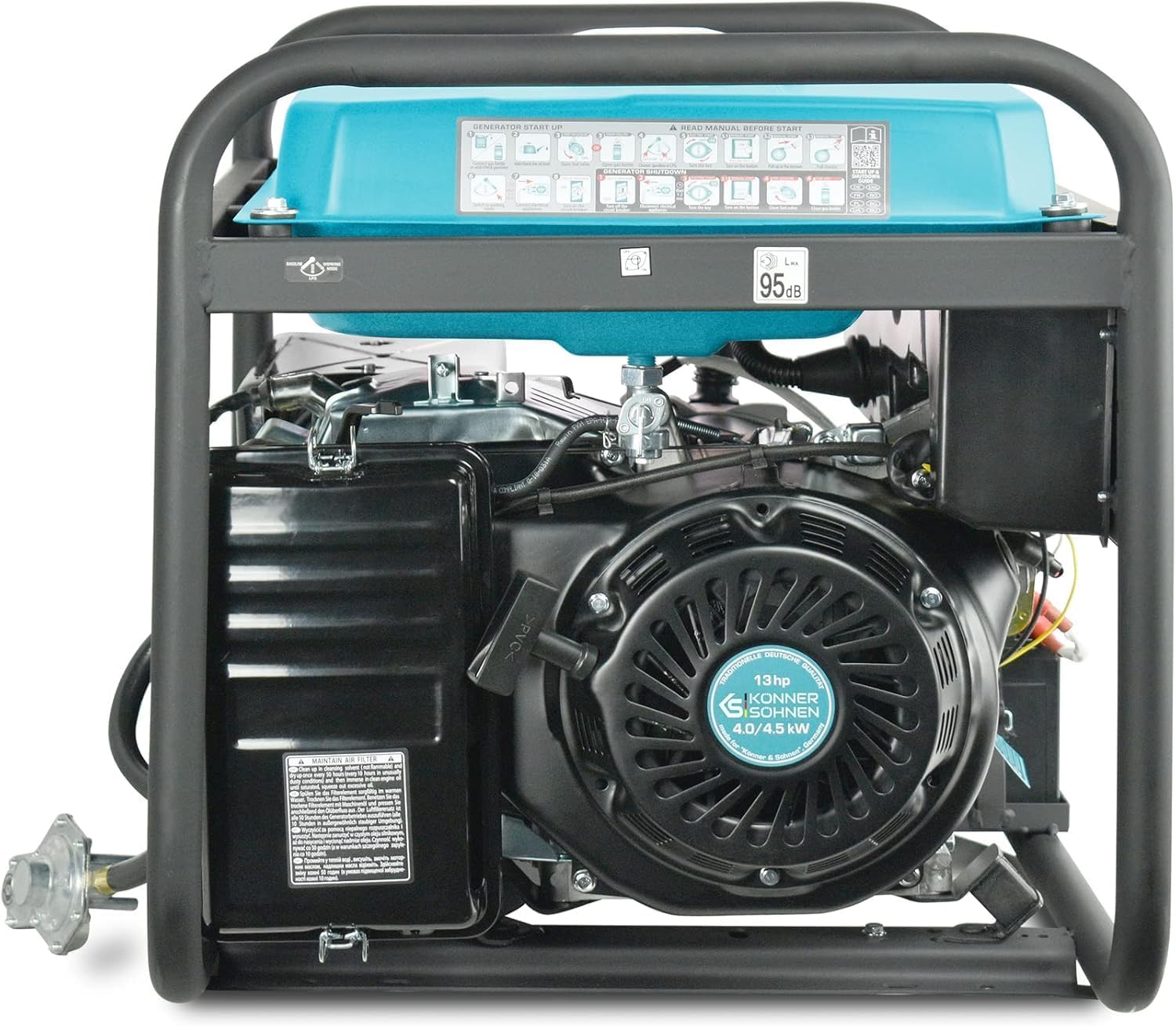 Groupe électrogène à essence/gaz KS 5000E G Könner & Söhnen, puissance maximale 4500W, démarrage manuel/électrique, prises 2x16A, 12 V, régulateur de tension automatique (AVR), affichage LED.