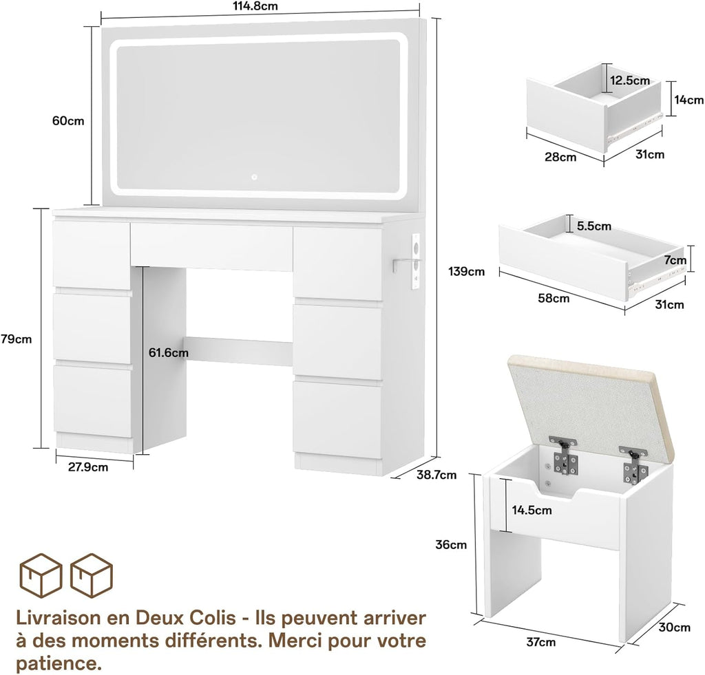 TRIUMPHKEY Coiffeuse avec Miroir et Tabouret Table de Maquillage avec Miroir LED Grand Format à Luminosité Réglable, 7 Tiroirs et Prise de Courant, Meuble de Maison, Blanc