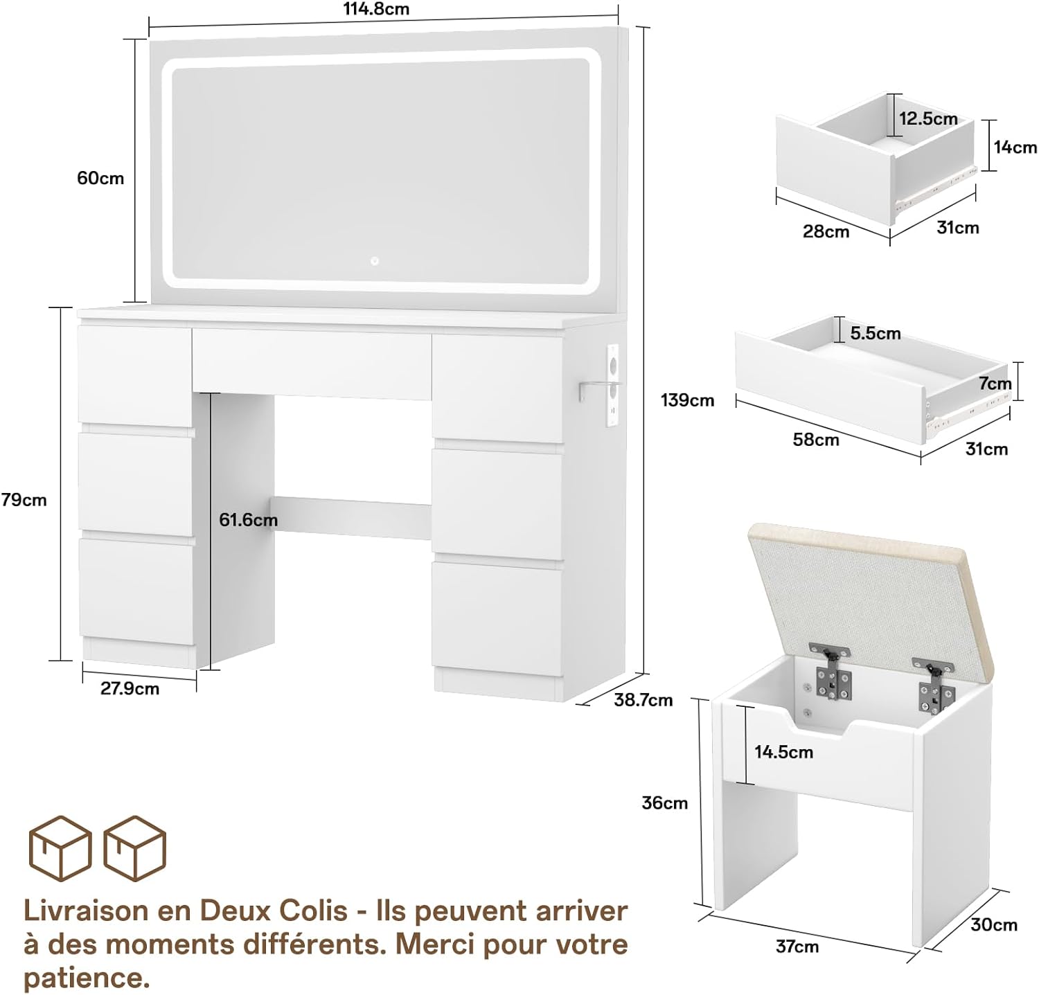 TRIUMPHKEY Coiffeuse avec Miroir et Tabouret Table de Maquillage avec Miroir LED Grand Format à Luminosité Réglable, 7 Tiroirs et Prise de Courant, Meuble de Maison, Blanc
