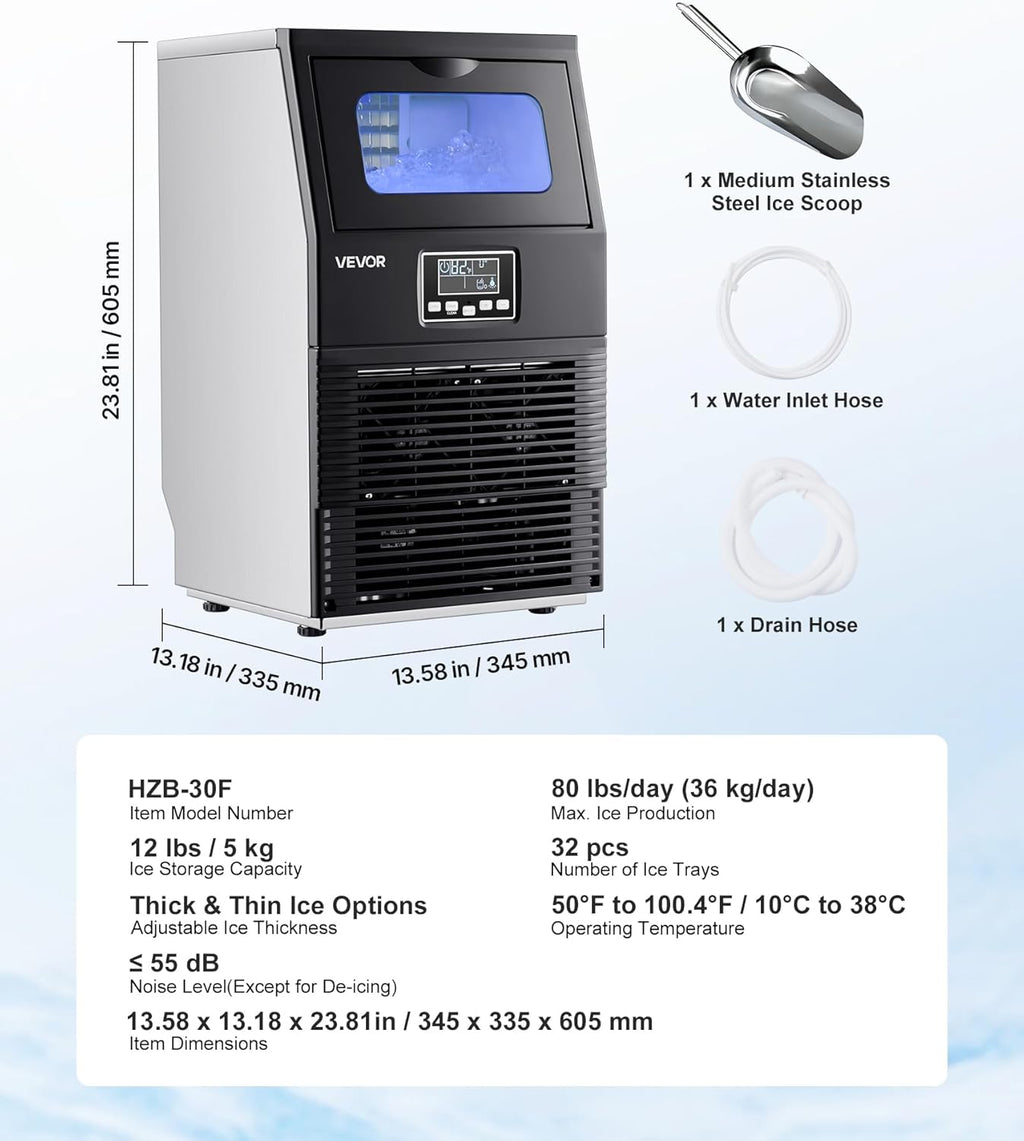 VEVOR Machine à Glaçons Commerciale 36 kg/24 h, Appareil de Préparation de Glaçons avec Capacité de Stockage de 5 kg, 32 Cubes par Cycle, avec Écran LED et Nettoyage Automatique, Restaurant Bar